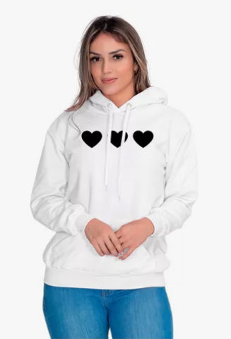 Moletom Liso Feminino Estampado Corações Flanelado com Capuz