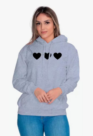 Moletom Liso Feminino Estampado Corações Flanelado com Capuz