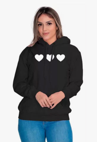 Moletom Liso Feminino Estampado Corações Flanelado com Capuz