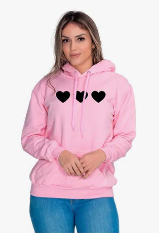 Moletom Liso Feminino Estampado Corações Flanelado com Capuz