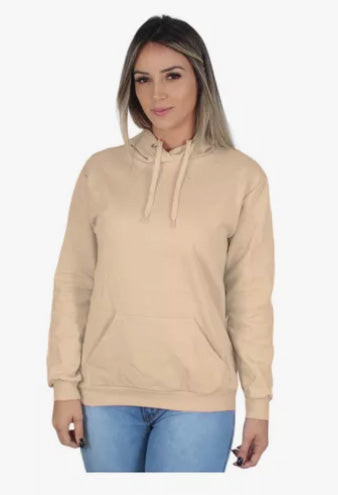 Moletom Liso Feminino Flanelado Blusa De Frio Com Capuz Bege