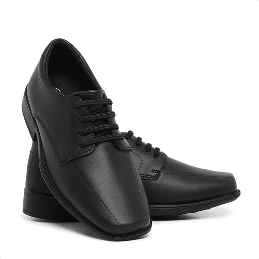 Sapato Social Infantil sapatinho masculino couro sintético casamento uniforme preto fosco cadarço